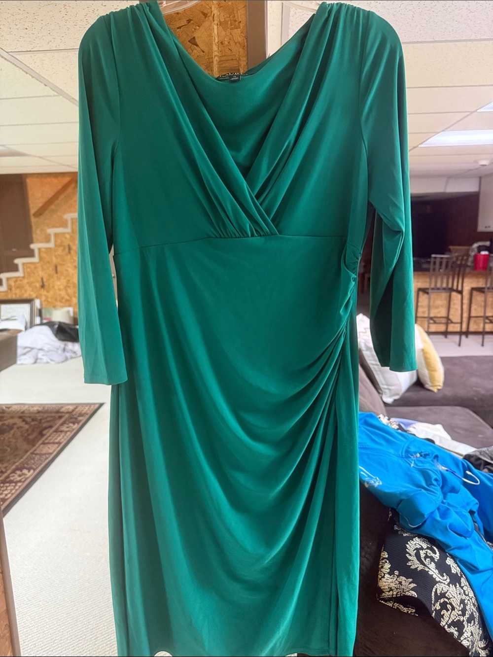 Lauren Ralph Lauren Emerald Green Draped V-Neck Long Sleeve Dress